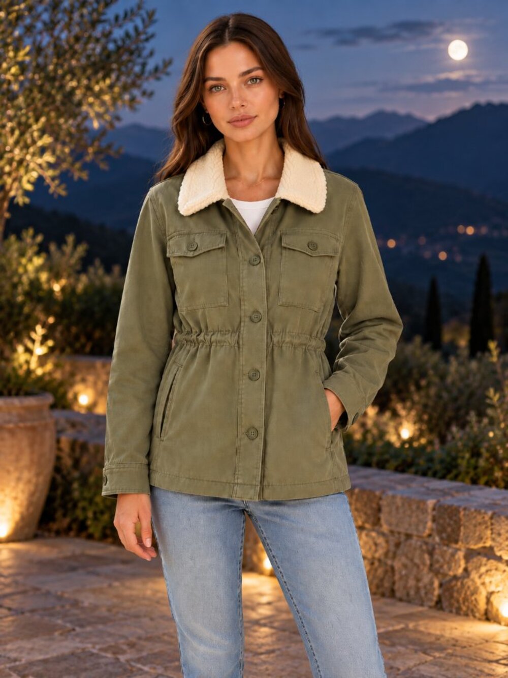Hang Ten Green Fleece Lined Utility Jacket Plush Collar NWT Small
